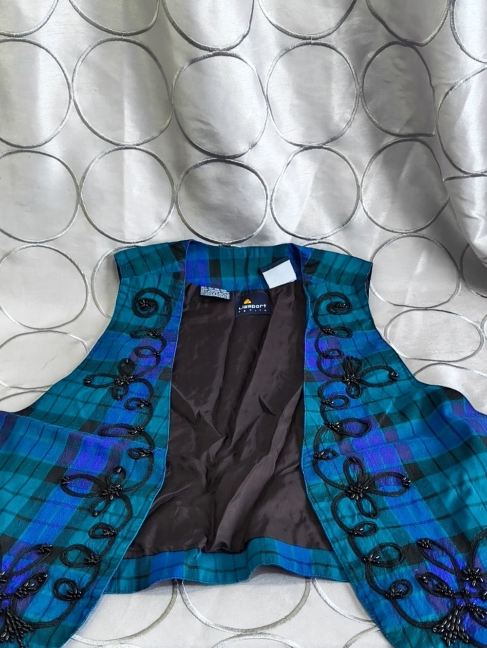 Blue-Green Plaid Embellished Women's Vest by Lands' End Size S B37